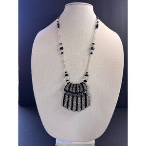 Vintage Black & Clear Glass Beaded Necklace with Beaded Pouch | Art Deco Flapper